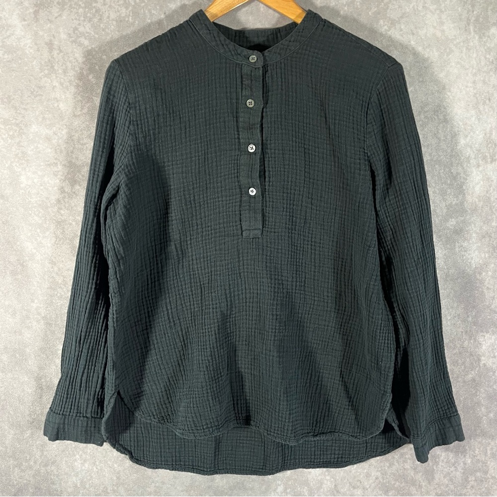 Jenni Kayne Shirt Women Large Black Cypress Cotton Henley Neck Long Sleeve Tunic